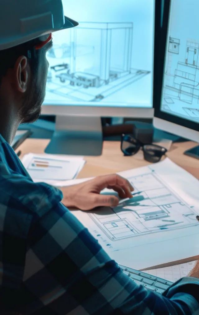 Engineer in a hard hat reviewing architectural blueprints and 3D CAD models on computer monitors