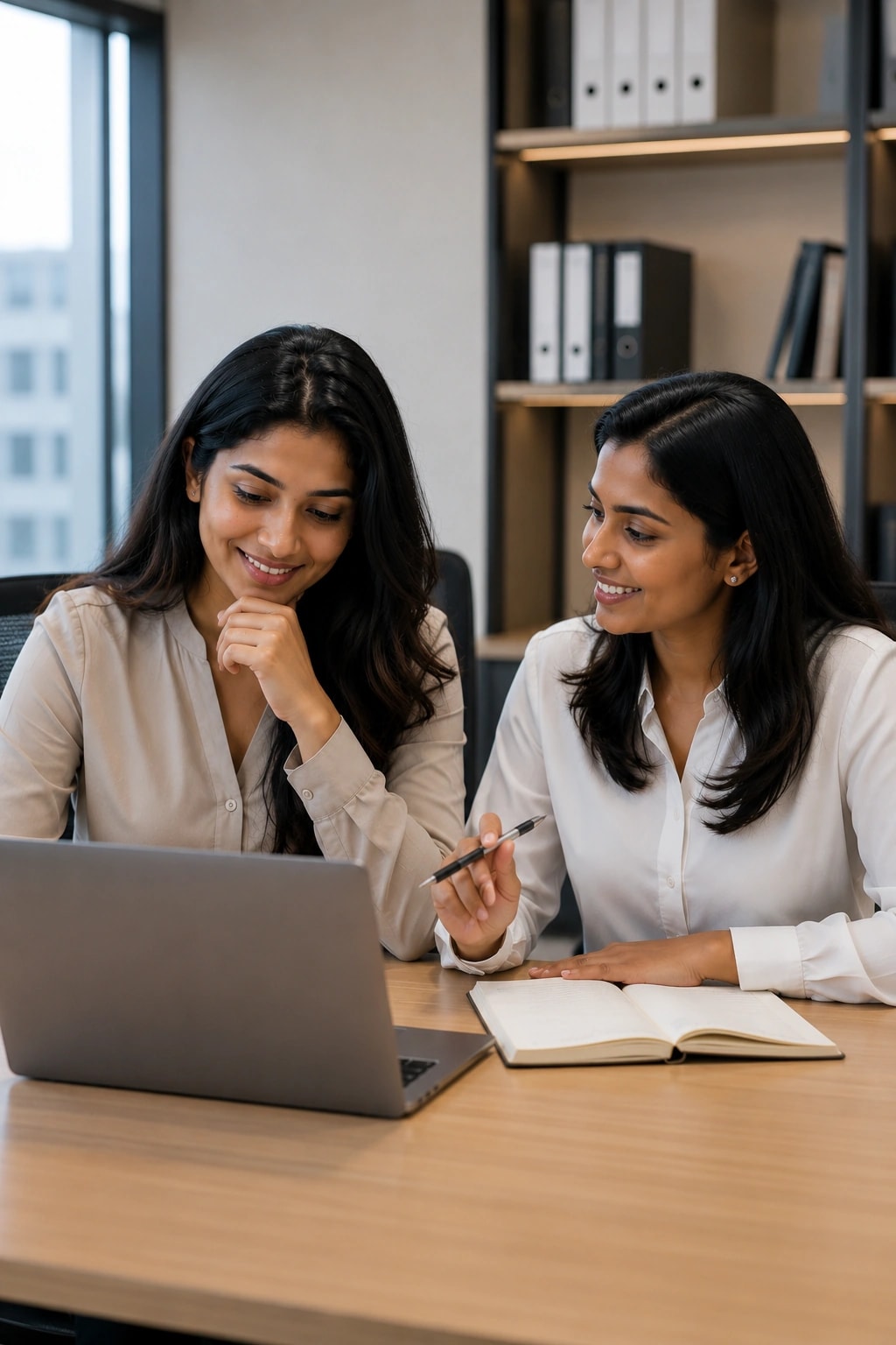 Two professionals collaborating at a laptop in a modern office