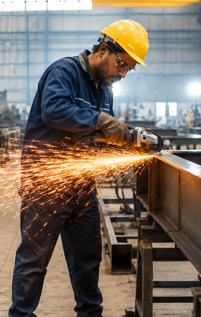 Manufacturing worker operating industrial machinery in a factory