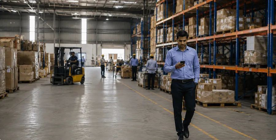 Warehouse manager using a smartphone to oversee workforce operations