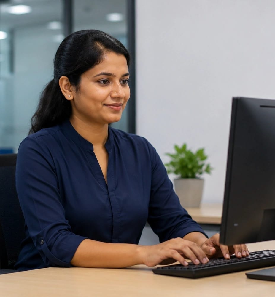 HR operations professional typing at a desktop workstation