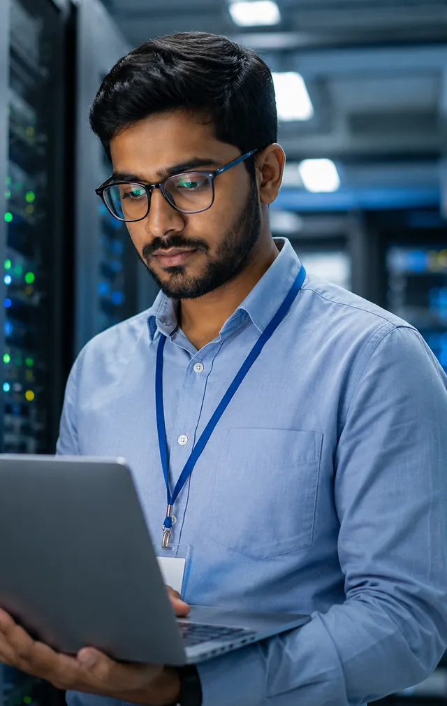 IT consultant working on a laptop in a modern data center environment